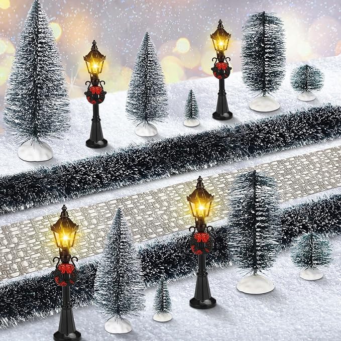 Hotop 18pc Christmas Village Accessories 47.2 Inch Village Roads Mini Snowy Trees Streets Light Lamppost Hedge Figurines Set for Display Winter Holiday Decorations DIY Crafts No Batteries(Modern)