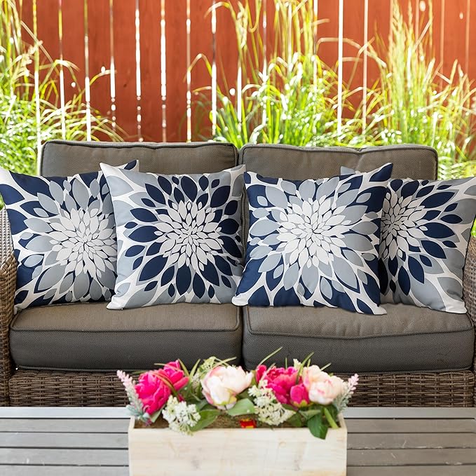 Qahing Pack of 4 Outdoor Waterproof Pillow Covers 18x18 Decorative Outdoor Throw Pillows Garden Square Cushion Cases for Patio Furniture, Couch, Tent Sunbrella, Bench, Navy Blue Grey