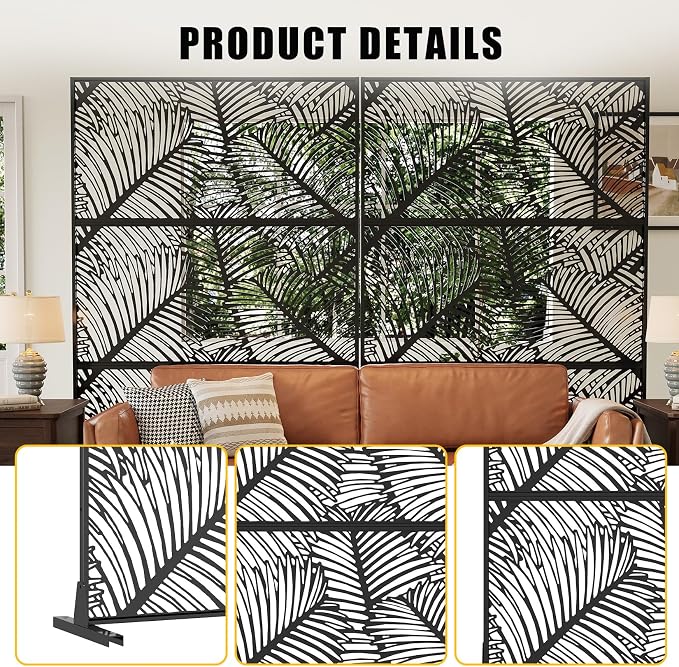 72" h × 47" w Outdoor Privacy Screen, Laser Cut Metal Garden Divider Panel with Tropical Leaf Design, Freestanding Weatherproof Privacy Fence for Patio Deck Backyard Balcony