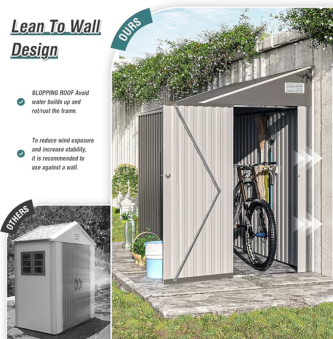 YOPTO 4x8 FT Outdoor Metal Storage Shed,Waterproof Lean to Tool Sheds,Heavy-Duty Unit with Single Hinge Side Door and Ventilation Windows,Weather Resistant,for Backyard,Patio,Lawn,Dark Gray