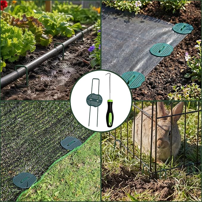 FEED GARDEN 6 Inch 200 Pcs Galvanized Landscape Staples 200 Pcs Gaskets Pick Hook Garden Stakes 11 Gauge Anti-Rust Landscaping Fabric SOD Pins U Shaped Yard Turf Stakes for Weed Barrier Fabric Green