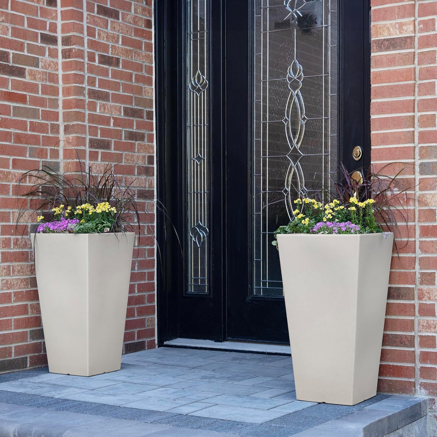 Step2 Tremont Tall Square Planter Pot, Large Outside All-Season All-Weather Gardening Pot for Patio and Front Porch, Concrete, 2-Pack