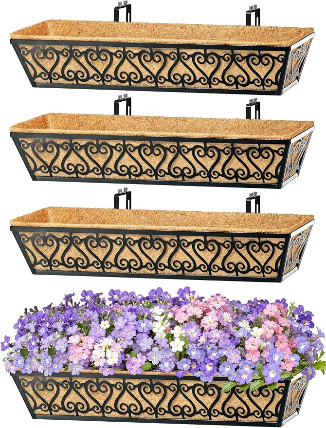 4 Pack 30 Inch Deck Railing Planter Box - Window Boxes Planters with Adjustable Brackets Coco Liners Balcony Planters Railing Hanging for Window Flower Boxes Outdoor Garden Decor