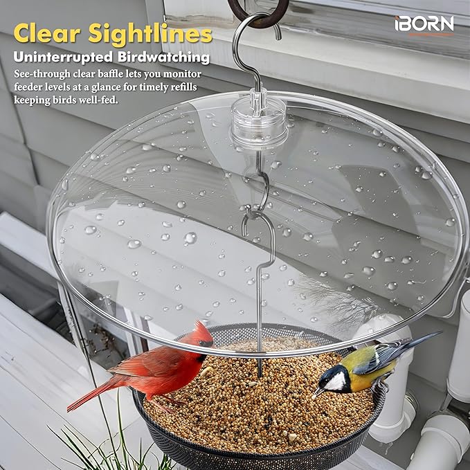 iBorn Hanging Bird Feeder Tray & Rainroof Cover, Bird Feeder Bowl with 13”Bird Feeder Cover for Rain Guard, Chew-Proof Polycarbonate & Thick Metal Hanger, Easy to Refill & Clean, Transparent & Black