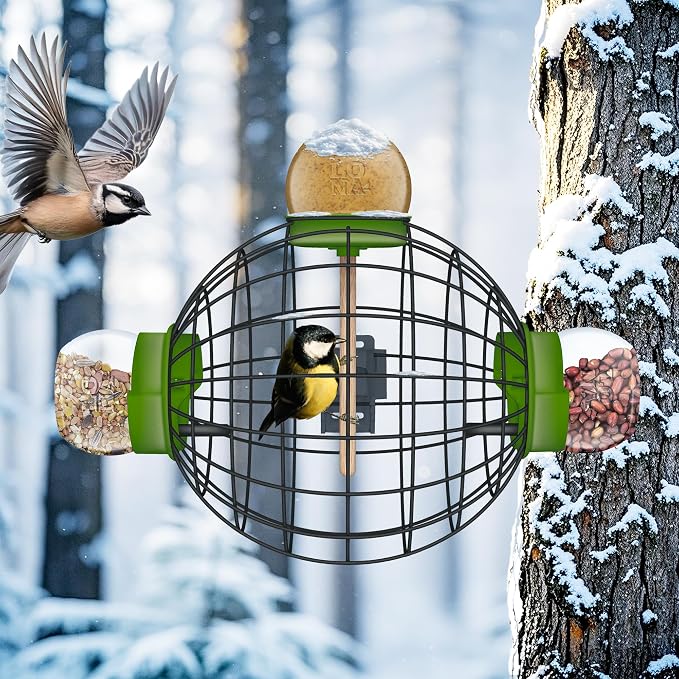 LONA Squirrel Proof Bird Feeding Cage for Outdoor All-Weather Metal Caged Bird Feeder with Peanut Butter Jar Holder, Trapeze Stick, Chew-Proof Feeding Cage for Small Birds (Round Cage, 3 Feeding Units