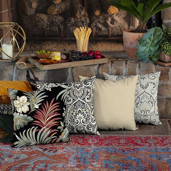 Arden Outdoor Toss Pillow, 16 x 16, Rain-Proof, Fade Resistant Simone Black Tropical