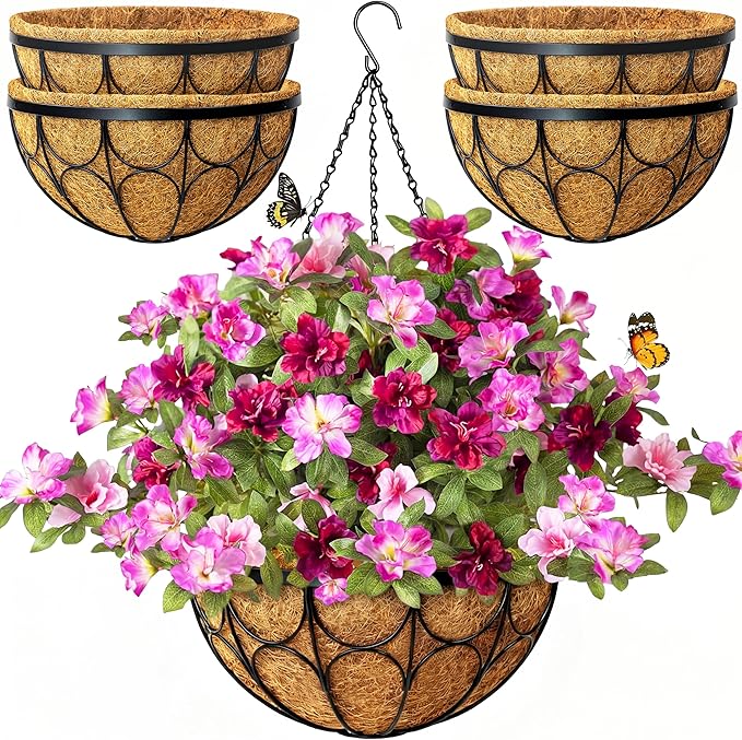 4 Pack 14 Inch Hanging Planters for Outdoor Plants，Large Wire Flower Hanging Basket with Coco Liners for Balconies, Patios, Porch, Terraces Decor