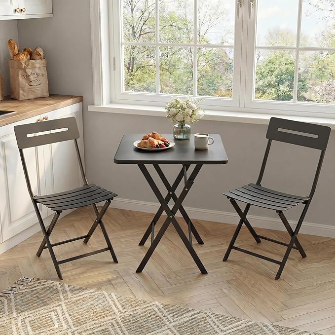 GarveeTech 3-Piece Folding Bistro Set, Heavy Duty Outdoor Patio Furniture with 2 Chairs & 1 Table, Weather-Resistant Steel Frame, No Assembly Required for Garden, Yard, Balcony,Black
