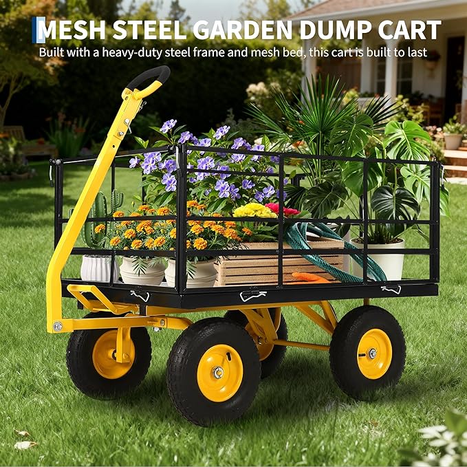 Heavy Duty 1500 Lbs Capacity Mesh Steel Garden Cart Folding Utility Wagon with Removable Sides, Garden Cart on Wheels for Gardening Soil, Tools, and Plant Transport