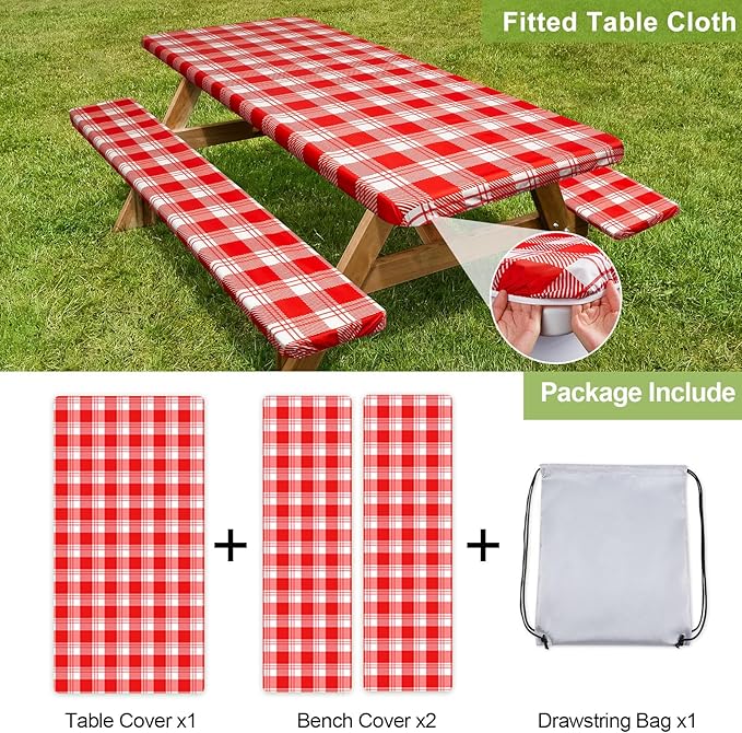 Play Tailor Picnic Table Cover with Bench Covers Camping Essentials Waterproof Windproof Camping Tablecloth with Drawstring Bag, Fitted Rectangle Tables and Seats, 72in, Red Checkered