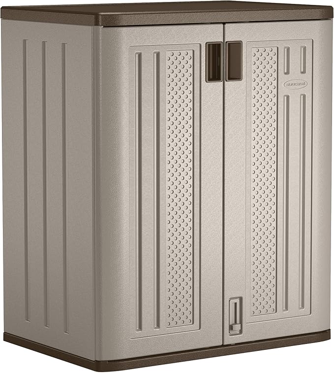 Suncast 30 Gallon Resin Outdoor Hideaway Patio Trash Can and Base Storage Cabinet Bundle