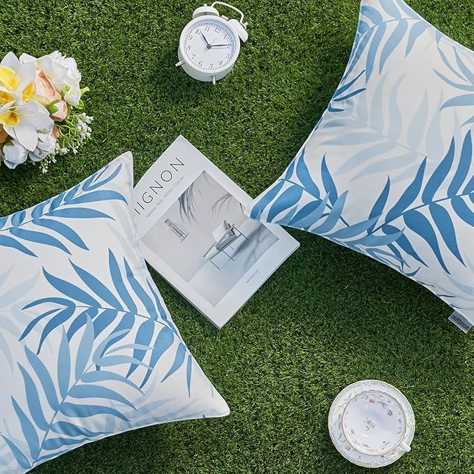 MIULEE Pack of 2 Decorative Outdoor Waterproof Throw Pillow Covers Patio Pillow Cases Natural Leaves Pattern Spring Square Cushion Shams Shell for Garden Balcony Couch 18x18 Inch, Light Blue
