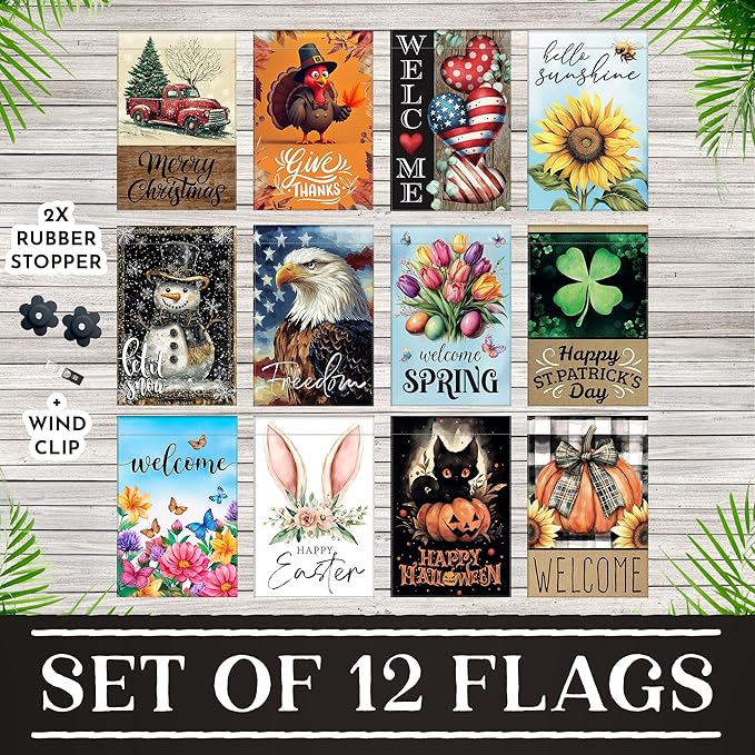 Seasonal Garden Flags Set of 12, Double-Sided, 12 x 18 inches, Weather Resistant, with Anti-Wind Clip