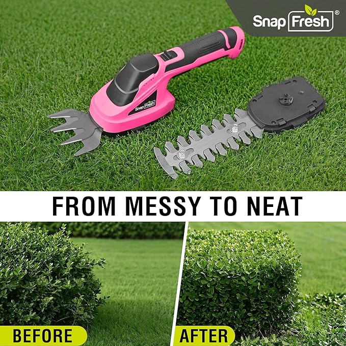 SnapFresh Cordless Hedge Trimmer & Grass Shears, 7.2V 2-in-1 Handheld Electric Bush Trimmer, Lightweight & Low-Noise, Rechargeable Lithium-Ion Battery with Type-C Cable Included (Pink)