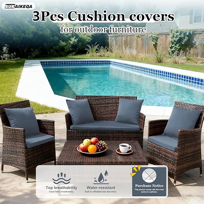 Waterproof 3-Piece Patio Sofa Cushion Cover Set - Replacement Covers for Outdoor Wicker Furniture, Bench & Seat Cushions with 4pcs Throw Pillow Cover