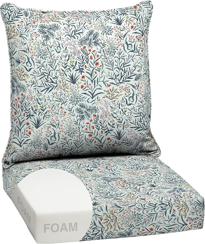 Arden Outdoor Foam Deep Seat Cushion Set, 24x24, Premium High-Density Foam, Never Flattens, Weather-Proof for Patio Chair Sofa Couch, Pistachio Botanical