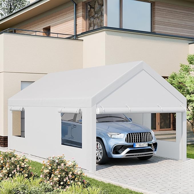 JAMFLY 12x20 ft Carport, Heavy Duty Carport with Roll-up Windows, Portable Garage with Removable Sidewalls & Doors, Car Canopy with Sandbags and All-Season Tarp for Car, Truck, Boat, Motorcycle, White