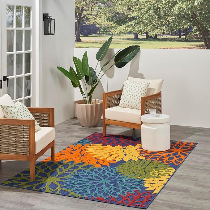 Nourison Home Aloha Indoor-Outdoor Navy Multicolor 6' x 9' Area Rug, Easy-Cleaning, Non Shedding, Bed Room, Living Room, Dining Room, Backyard, Deck, Patio (6x9)