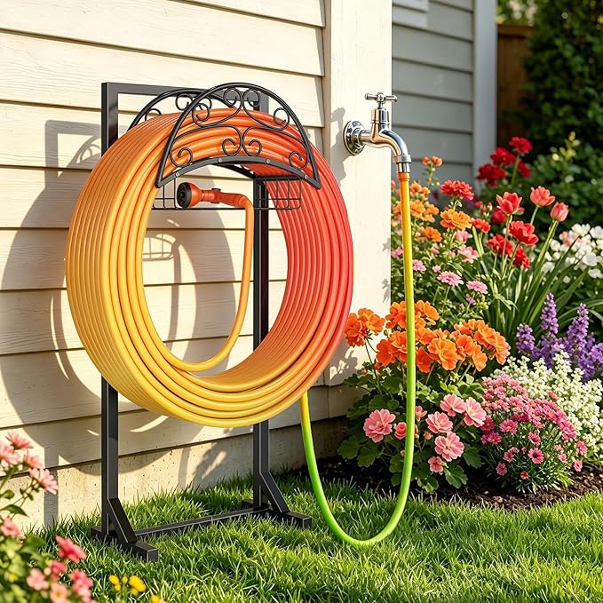 Garden Hose Holder – Freestanding Water Hose Stand with Storage Basket, Sturdy Metal Hanger Heavy-Duty Garden Storage Rack for Outside, Supports 151FT