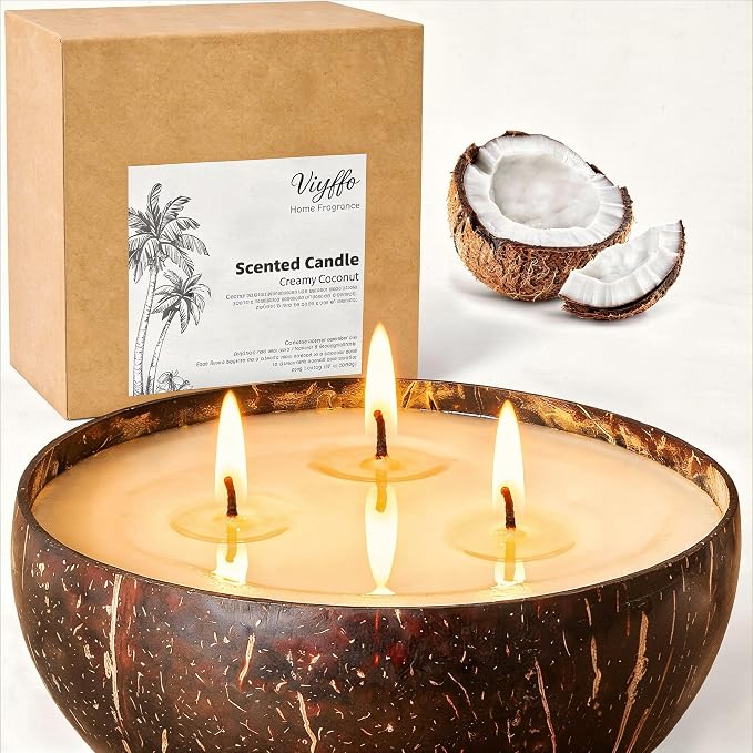 Viyffo Creamy Coconut Scented Candle, Large 18oz 3 Wick Non Toxic Soy Candles, Natural Coconut Shell Candle for Home, Soft & Creamy Aromatherapy for Relaxation & Spring Décor, Gift for Women & Men