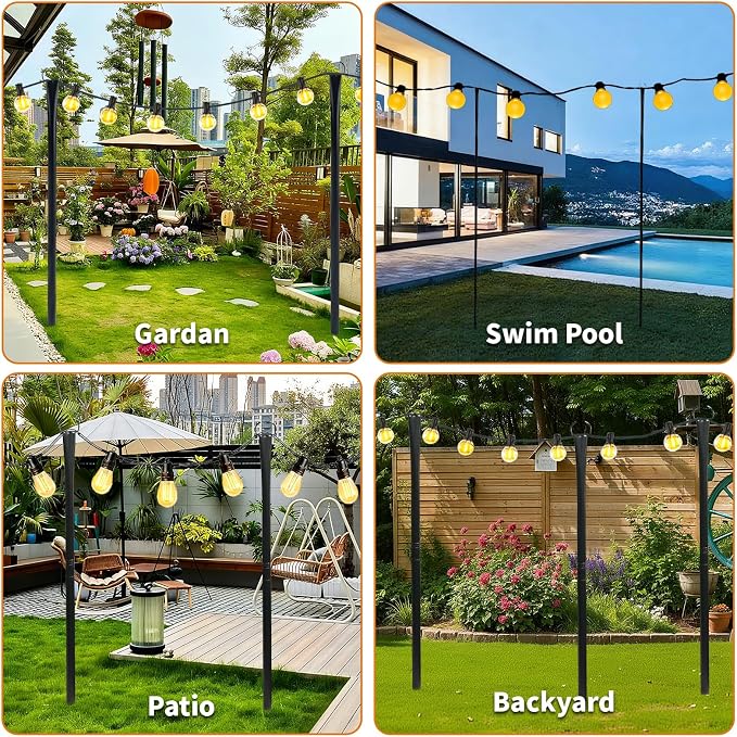 4 Pack 10FT String Light Poles for Outside, Heavy Duty Metal Poles with Fork Base & Hooks, Rustproof Poles for Hanging Lights on Patio, Deck, Backyard, Garden, Wedding, Party