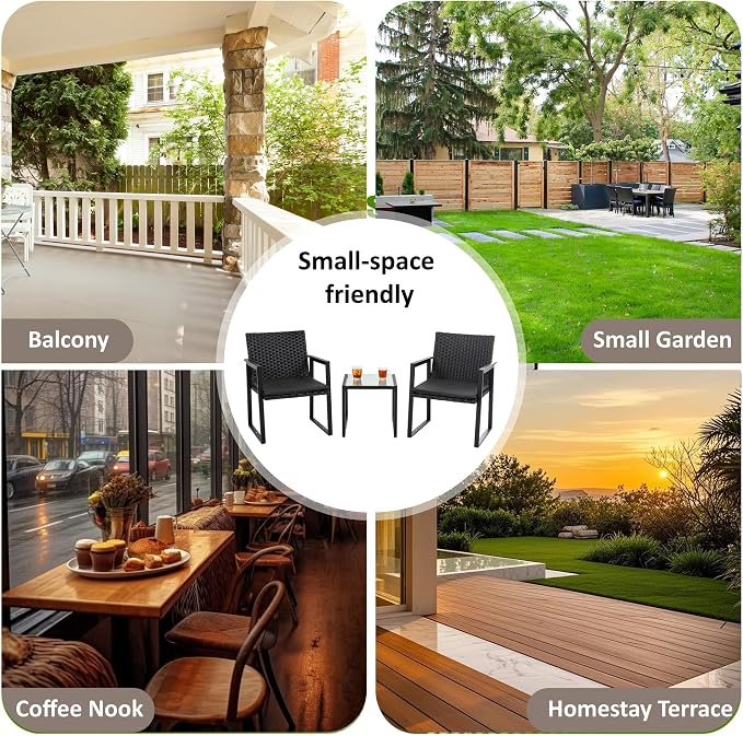 Shintenchi 3 Pieces Wicker Patio Bistro Sets, Rattan Patio Conversation Set with Coffee Table, Outdoor Wicker Furniture Set for Lawn, Garden, Balcony (Black)