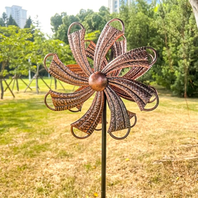 Wind Spinners Outdoor, Copper Flower Double-Sided 360° Wind Spinner with Stake, Metal Garden Yard Decor (12.3" Dia x 54" H)