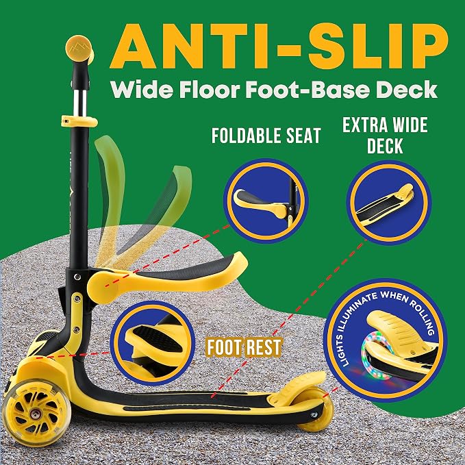 3 Wheel Scooter for Kids with Foldable Seat, Adjustable Handlebar Height, Lean-to-Steer Ride On Toy for Kids Ages 2+, Light-Up LED Wheels, Wide Anti Slip Deck, Indoor & Outdoor Use