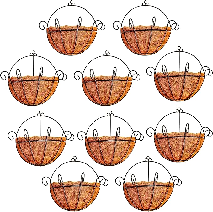 ShopLaLa Wall Planters Outdoor Plants (10 Pack, 10 Inch) Balcony Planters Railing Hanging Fence Planter Over Railing Planters Coco Liner, Wall Mounted Flower Basket Metal Wire Deck Porch Patio Garden