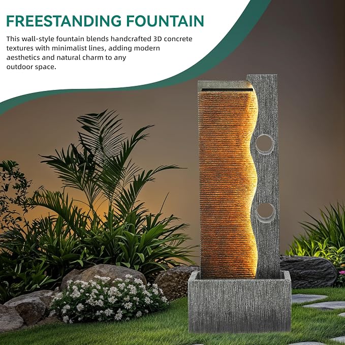 AUTODAYA 39.4" Tall Outdoor Water Fountain with LED Lights, Modern Zen Wall Resin Garden Fountain with Cascading Waterfall, Faux Slate Textures, Tranquil Water Feature for Patio, Garden, Deck or Porch
