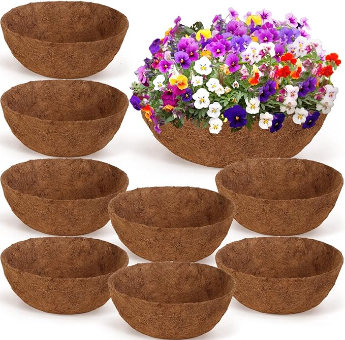 Gerrii 8 Pcs 24 Inch Coconut Liners for Hanging Baskets Coco Liners for Planters Natural Round Coconut Coco Planter Basket Coir Liner for Hanging Basket Flowers/Vegetables