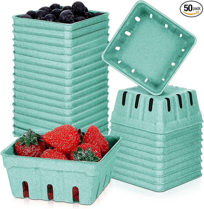 Reallnaive 50 Pack Green Pulp Fiber Berry Baskets 1/2 Pint, Small Molded Produce Vented Basket for Strawberry, Blueberry, Raspberry, Vegetables, Farmers Market, Fruit Picking, Garden Harvest, Party