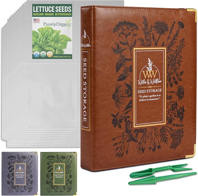 Create-ables Willow and Wildflower Garden Seed Organizer Binder, Seed Storage Organizer, Garden Binder Book for Packet Storage Catalog Can Store 120 Packets with Dibber and Widger (Classic Brown)
