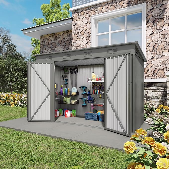 Outdoor Metal Storage Shed, Galvanized Steel Garden Shed with Sloped Roof & Vents, Waterproof Rust-Resistant Backyard Tool Shed for Patio Lawn Garden Trash Can Storage, Easy Assembly