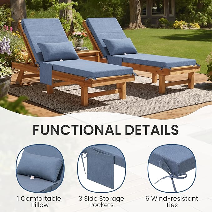 Crestlive Products Sunbrella Foldable Outdoor Chaise Lounge Cushions with Head Pillow and Side Pockets,Water Repellent & Fade Resistant Lounge Chair Cushion, 72''L x 21''W, Set of 2, Denim Blue