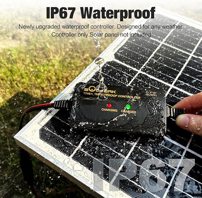 SOLPERK 8A 12V Solar Charge Controller with LED Display, IP67 Waterproof PWM Intelligent Solar Panel Battery Regulator for Gel AGM Lead-Acid Lithium LiFePO4 Battery, Used in RV Boat Car