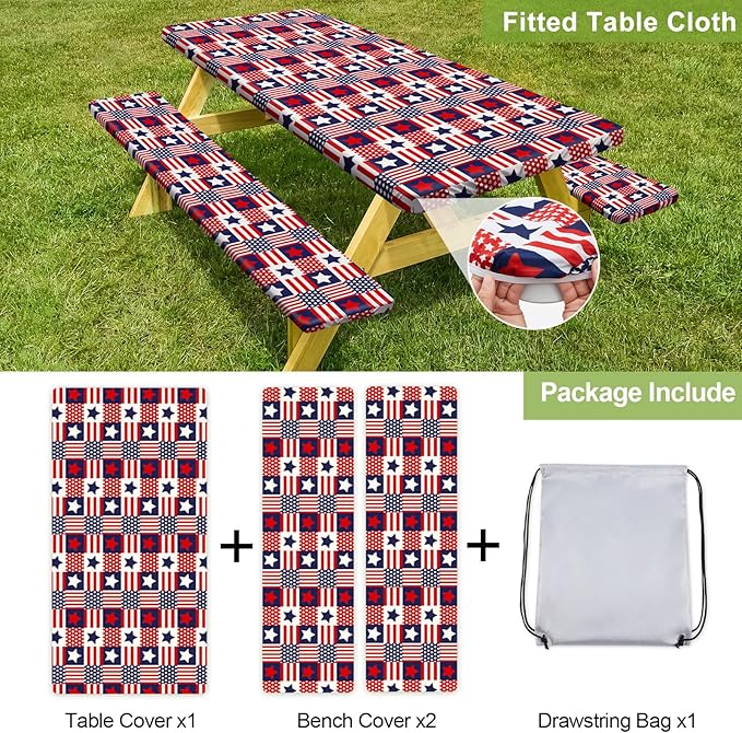 Picnic Table Cover with Bench Covers Camping Essentials Waterproof Windproof Camping Tablecloth with Drawstring Bag, Fitted Rectangle Tables and Seats, 60in, Red Blue Checkered