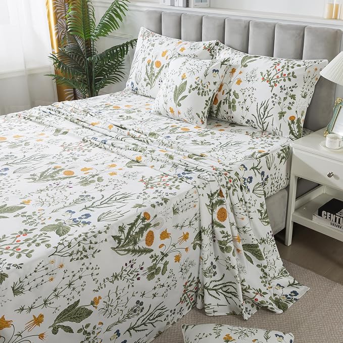 FADFAY 100% Egyptian Cotton Sheets Full Botanical Printed Floral Sheets Yellow Flowers & Leaves Pattern Farmhouse Bedding Soft and Breathable French Country Bedding 4Pcs Deep Pocket Full Sheet Set