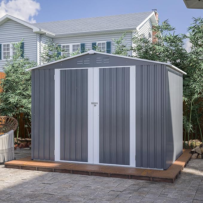 8X6 FT Outdoor Storage Shed with Hinged Door and Lockable Doors,All Weather Use Sheds w/Metal Foundation & High-Pitched Roof,for Garden,Backyard,Lawn,Tool,Grey