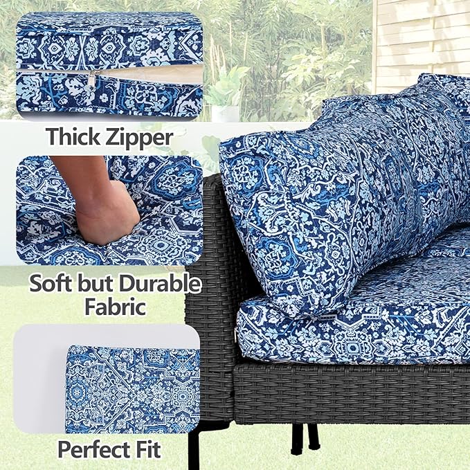 14Pcs Outdoor Cushion Covers Replacement Washable Waterproof UV w/Zipper for 6-Seaters Sofa Patio Slipcovers Set Seat and Back Covers Only (Blue Charming, 25x25x3.15inch)