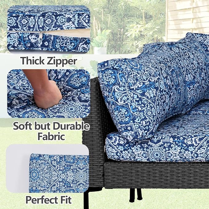 14Pcs Outdoor Cushion Covers Replacement Washable Waterproof UV w/Zipper for 6-Seaters Sofa Patio Slipcovers Set Seat and Back Covers Only (Blue Charming, 25.6x25.6inch)
