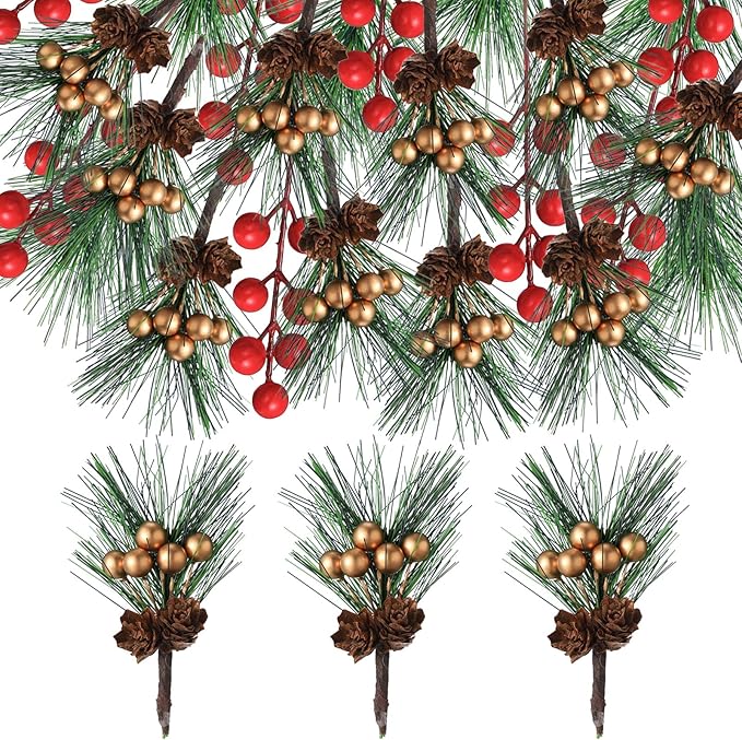 100 Pieces Mini Artificial Christmas Floral Pine Picks Red Berry Picks Holly Red Berry Stems Green Pine Needles for Christmas Tree Wreath Gifting Props Winter Holiday