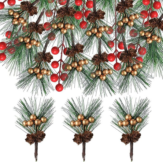 40 Pieces Mini Artificial Christmas Floral Pine Picks Red Berry Picks Holly Red Berry Stems Green Pine Needles for Christmas Tree Wreath Gifting Props Winter Holiday