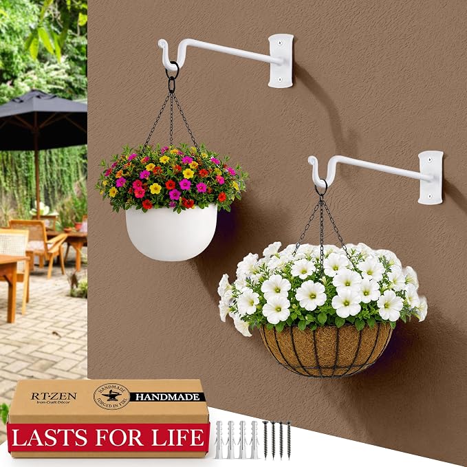 RTZEN Plant Hangers Outdoor or Indoor - Wrought Iron Metal Hanger Indoor Hook - Heavy Duty Wall Bracket Hooks for Hanging Plants Baskets Lanterns Bird Feeders - 2 Pack (White Shepherds Hooks 10")