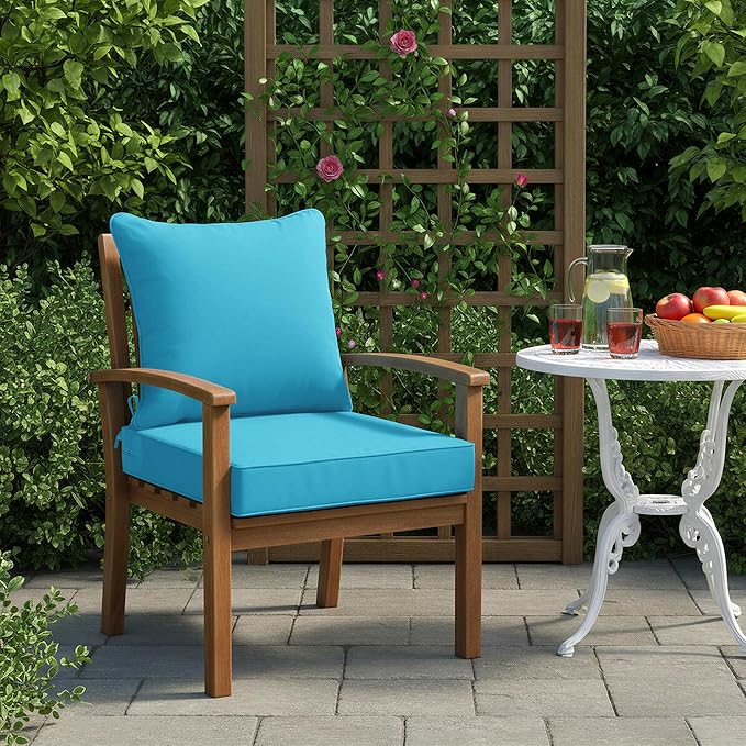 Summsun Outdoor Backrest and Deep Seat Cushion Set, Waterproof Fade Resistant Patio Chair Furniture Cushion with Removable Cover, 22 x 22 Inch, Teal, 1 Set