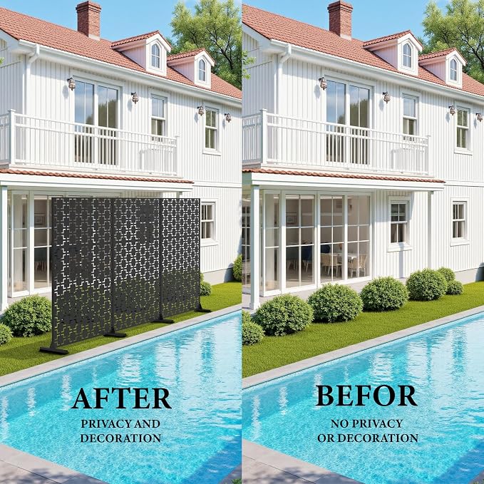 Metal Privacy Screen,72" h x 47" w 3-Panel Freestanding Decorative Fence with Stand for Outdoor Patio, Lawn, Garden, Deck, Balcony
