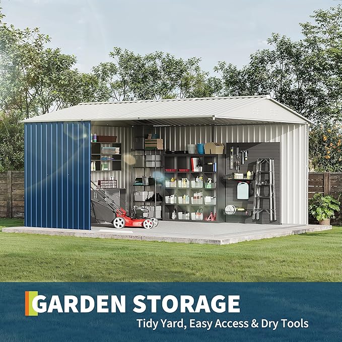 Garvee 10X12 FT Storage Shed with Cross Windows & Lockable Door，Large Outdoor Metal Shed，Peaked Roof Garden Shed for Lawn Mower, Bike, Tools - All Weather Secure Storage