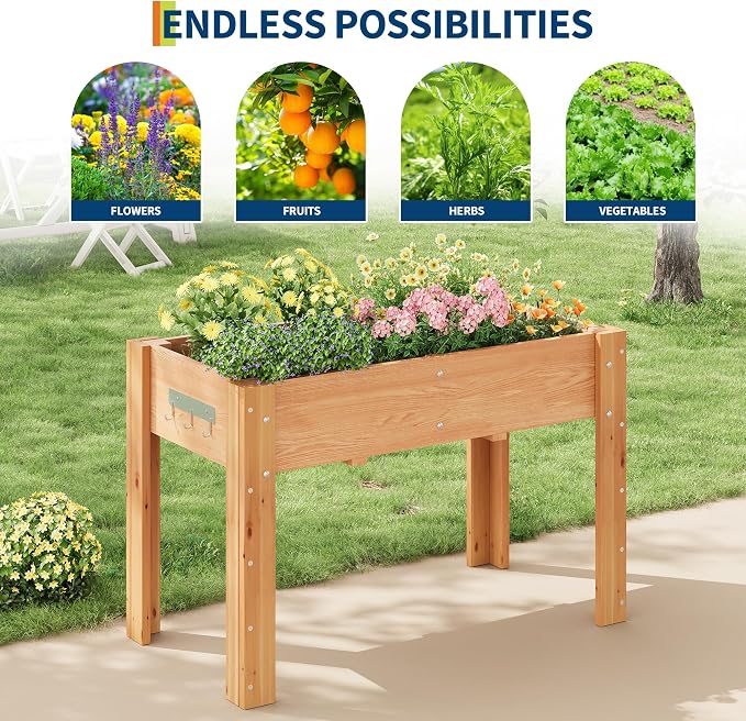 48x24x30IN Wooden Raised Garden Bed with Legs, Elevated Reinforced Large Planter Box for Vegetable Flower Herb Outdoor, Standing Growing Bed forGardening/Backyard/Patio/Balcony, Liner Included