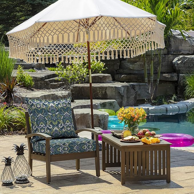 Arden Outdoor Foam Deep Seat Cushion Set, 22x24, Premium High-Density Foam, Never Flattens, Weather-Proof for Patio Chair Sofa Couch, Sapphire Aurora Blue Damask