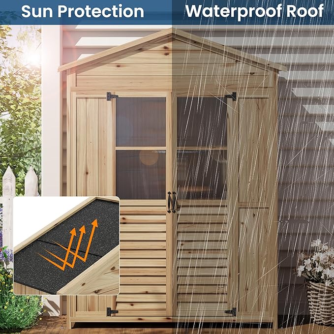 GarveeLife Patio Storage Shed Wooden, Outdoor Storage Cabinet with Weather-Resistant Roof, Garden Tools Shed with 6 Movable Shelves, Waterproof Roof, 4 Metal Stakes, 2 Anti-Falling Devices